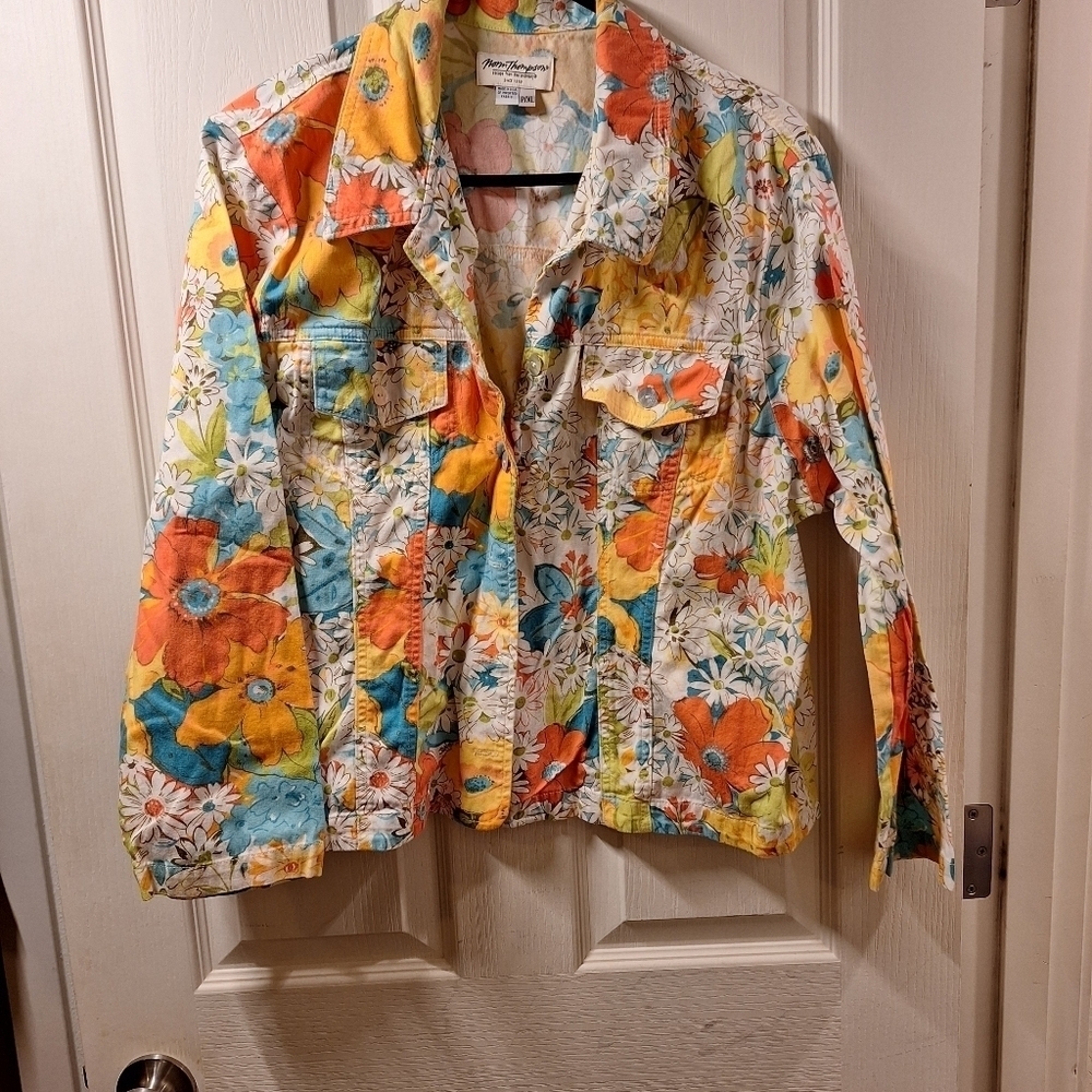 Vintage Norm Thompson Floral Jacket Orange and Blue
